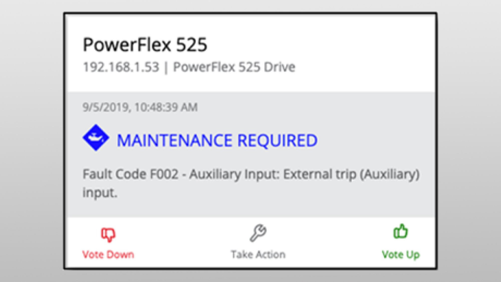 Example of user notification from FactoryTalk Analytics for Devices displaying that maintenance is required