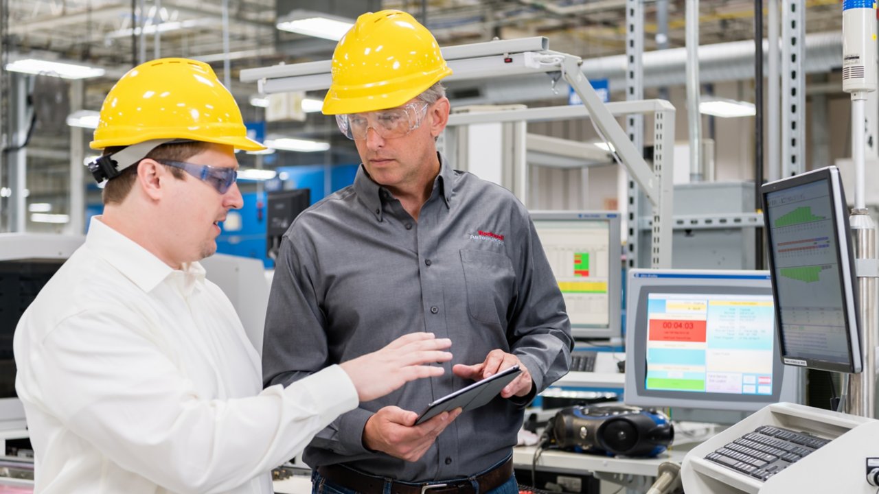 Rockwell Automation 셔츠를 입고 한 명의 직원이 있는 두 명의 작업자가 공장 환경에서 태블릿 장치로 협업