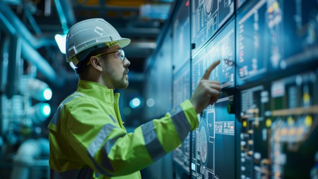 Industrial engineer enhancing cybersecurity measures in an industrial control system environment, --ar 16:9 Job ID: ae638e08-e150-47fd-8cc1-8ca2c5d48a49