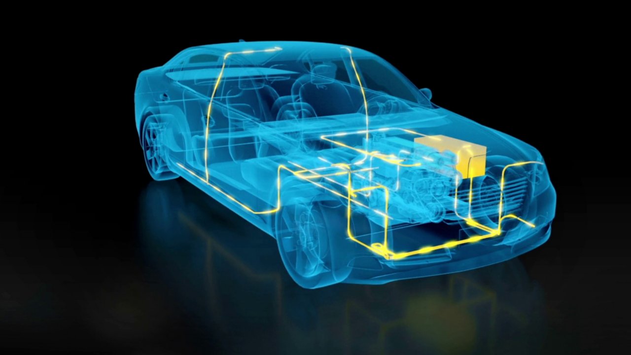 Holografische, transparente Grafik eines Elektrofahrzeugs mit hervorgehobener Batterie