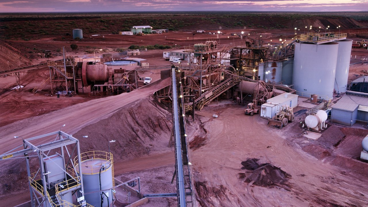Elevated view of Gold Mine processing plant just before Sunrise 