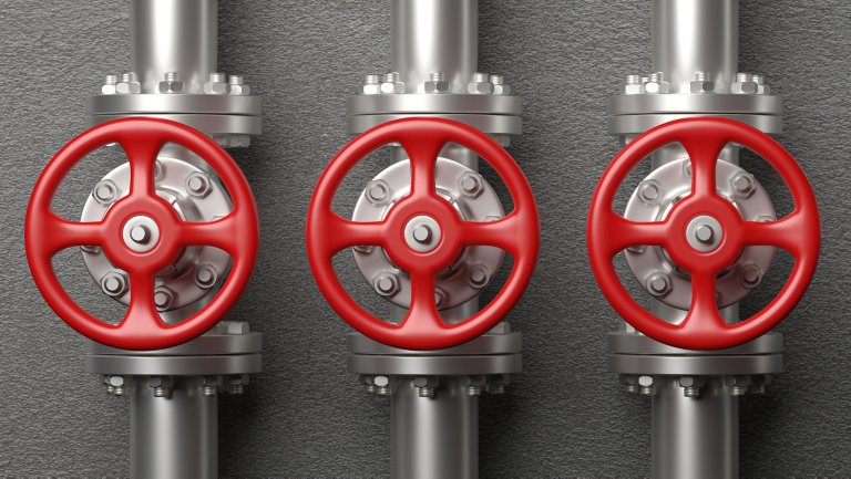 Oil and gas industry. Pipelines and valves with red wheels system on gray wall background, banner. 3d illustration