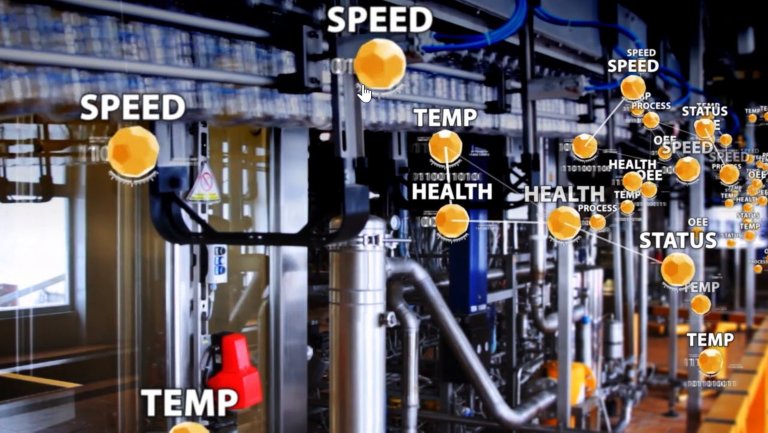 Photo d’équipement d’usine avec une illustration représentant les points de données collectés tels que la vitesse, l’état et condition
