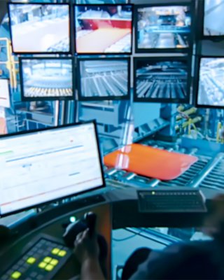 Female employee in a office that looks down at a plant floor viewing information on her monitor with a number of hanging monitors displaying locations within the plant to her right side