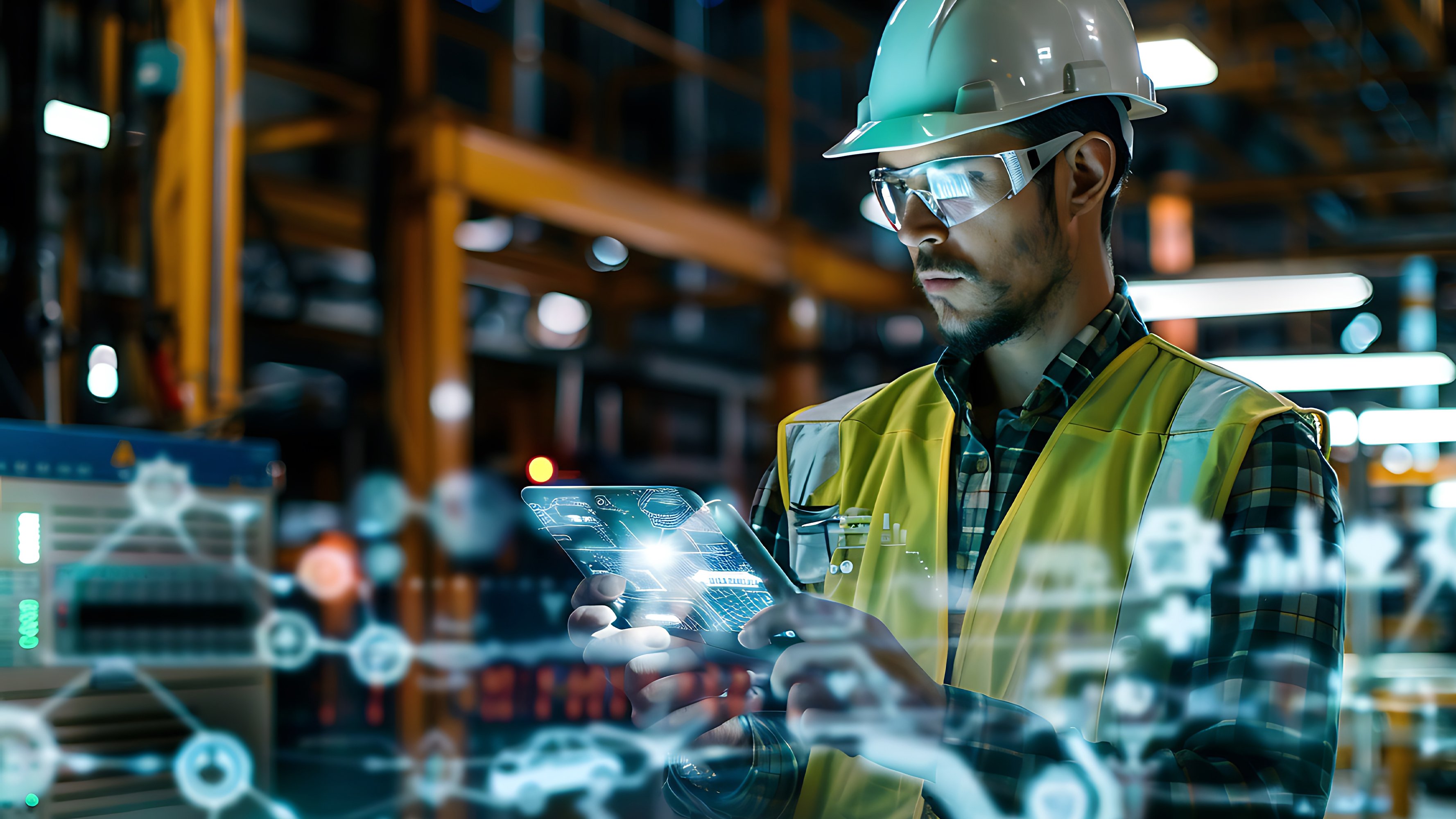 Industrial worker using laptop computer with digital interface