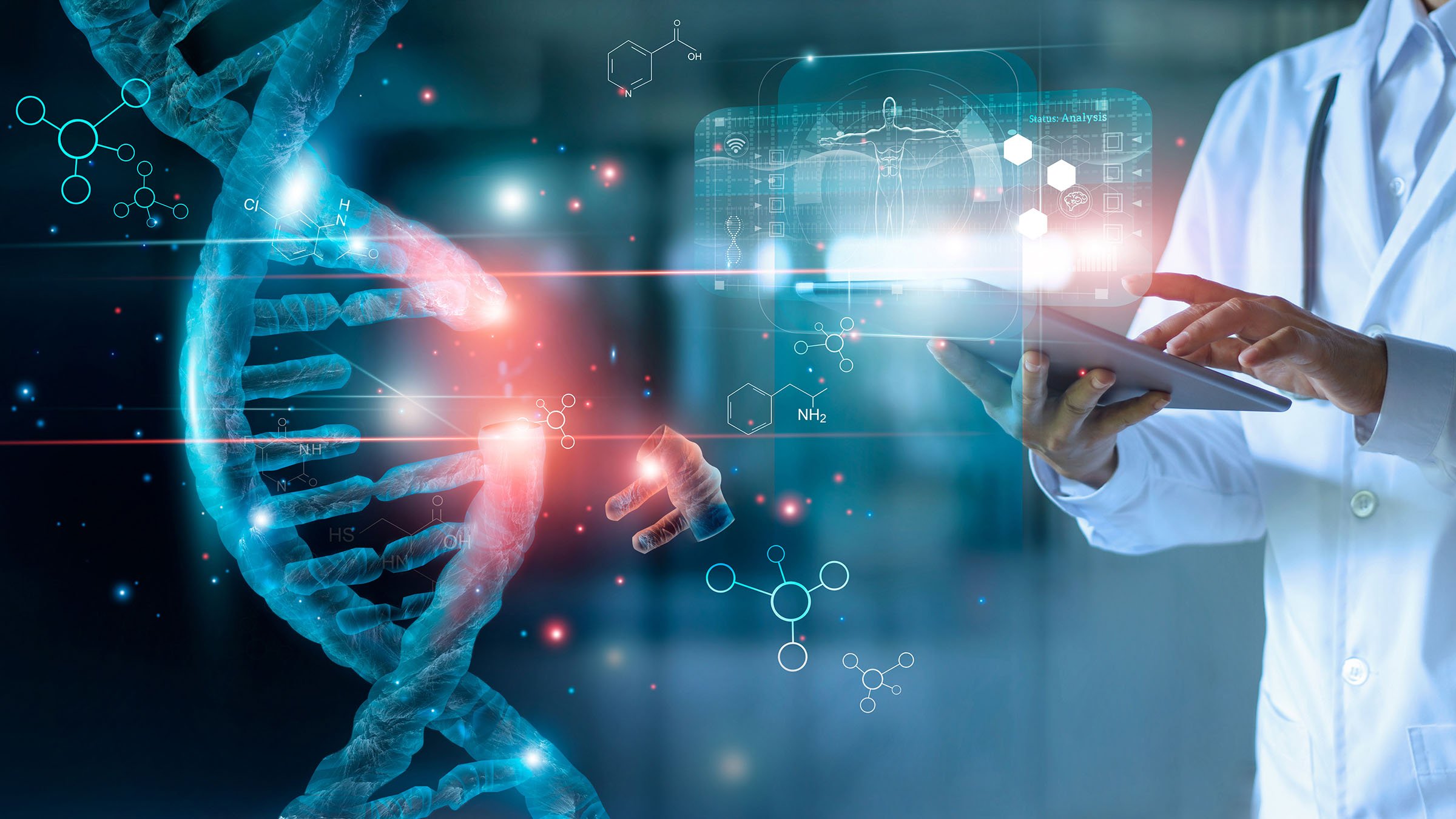 Abstract luminous DNA molecule. Doctor using tablet and check with analysis chromosome DNA genetic of human on virtual interface. Medicine.