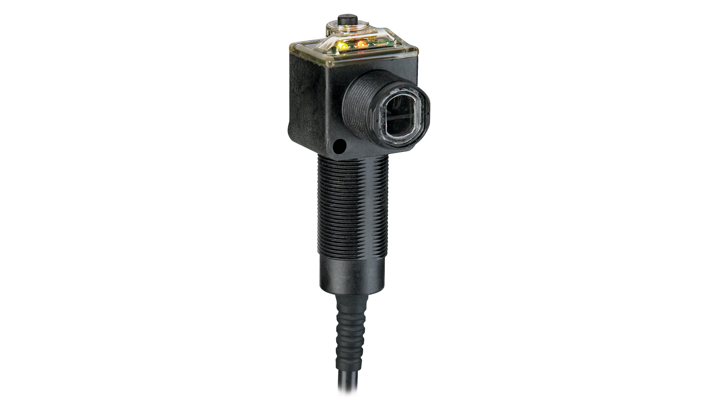 Sensor retangular Allen-Bradley preto com a face de sensor preta e cabo integrado.