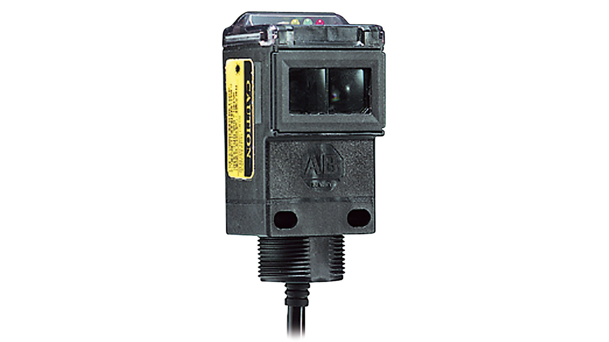 Sensor rectangular negro Allen-Bradley con cable integrado negro y cara del sensor plana.