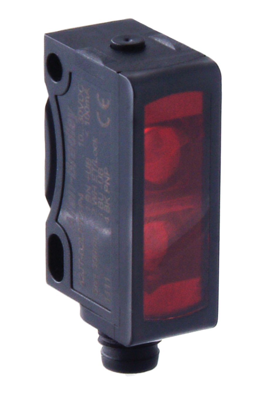 Sensor rectangular negro Allen-Bradley con lente roja mirando a la derecha.