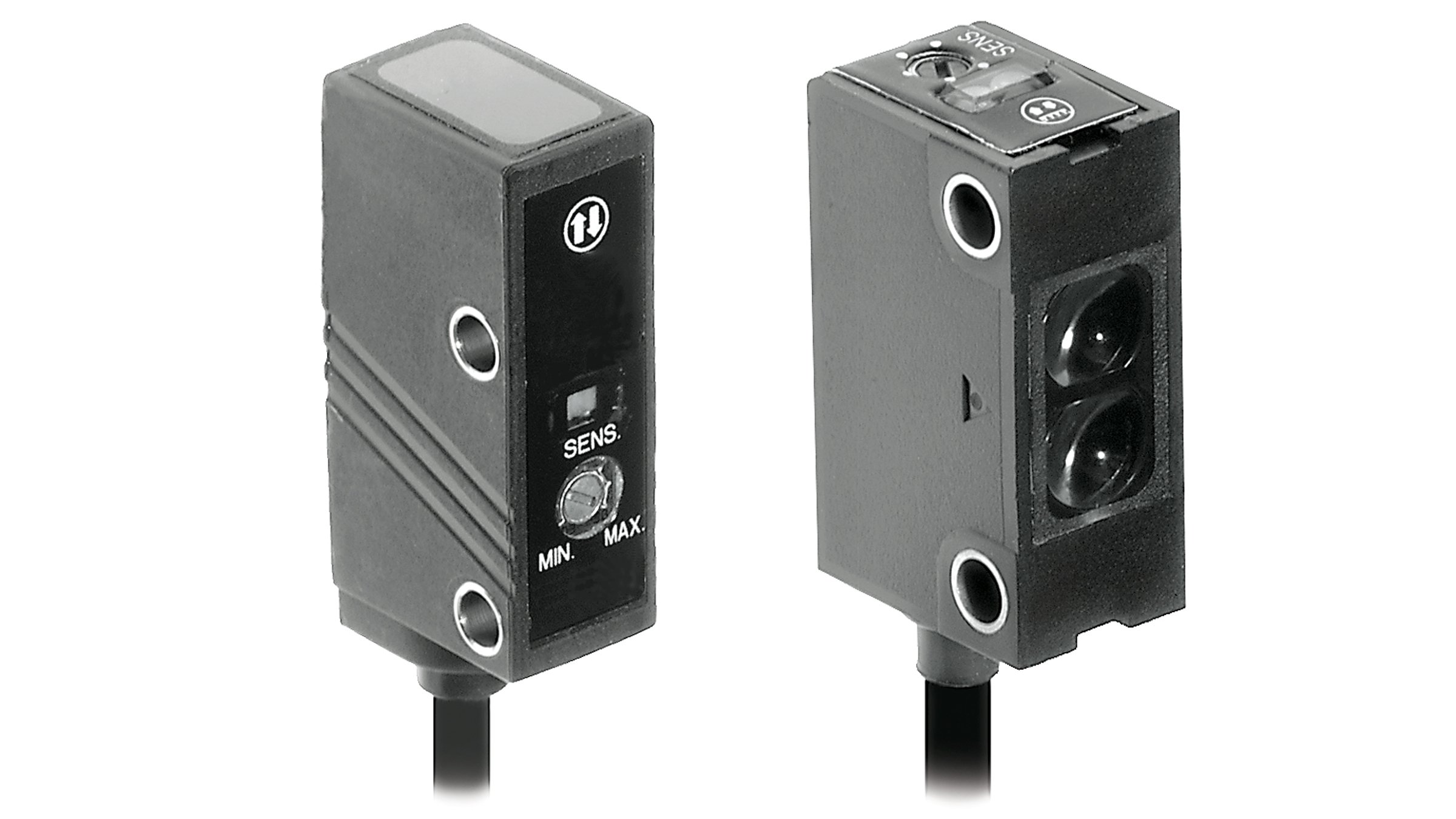 Dos sensores rectangulares negros Allen-Bradley con cables integrados.