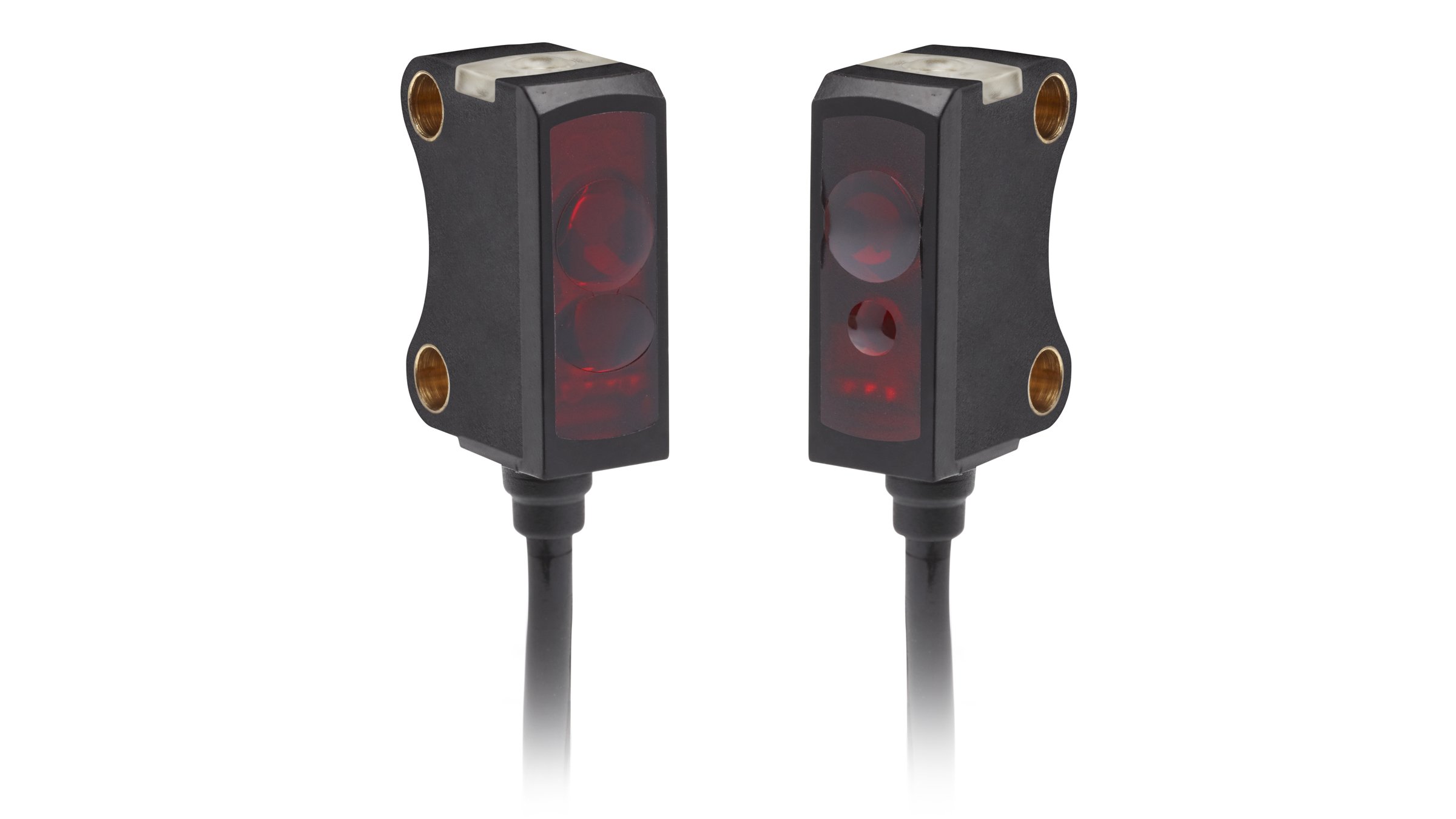 Dos sensores rectangulares negros con el frente rojo Allen-Bradley con cables integrados que miran a la derecha y a la izquierda.