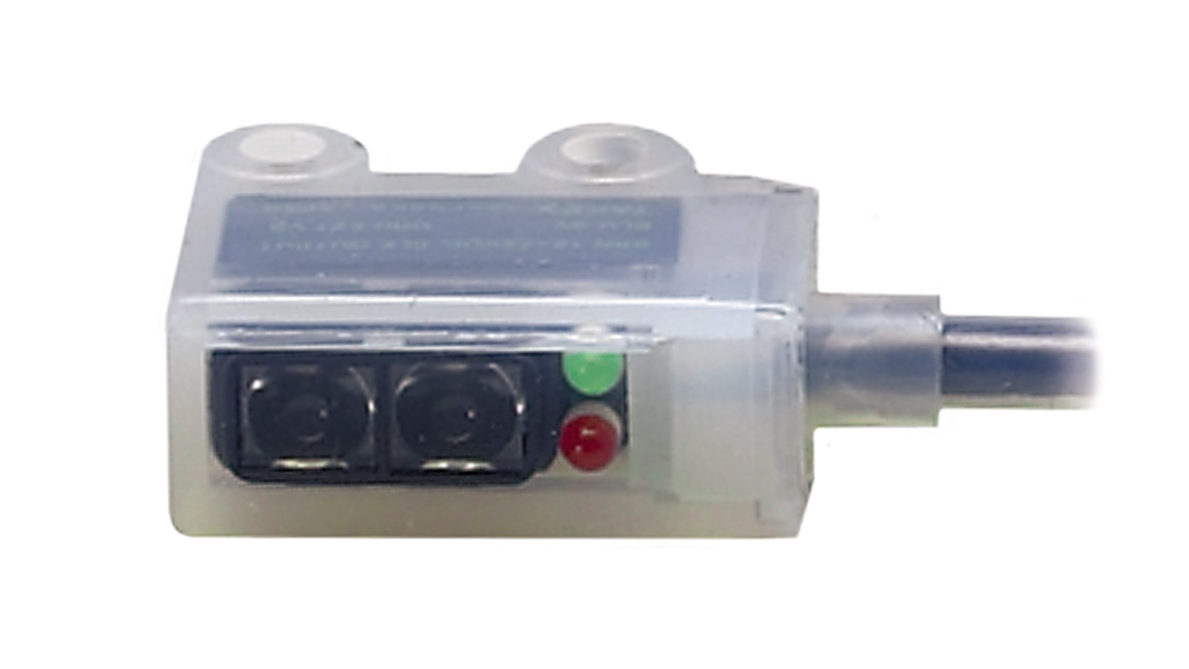 Sensor translúcido totalmente encapsulado Allen-Bradley com indicadores LED nas cores vermelho e verde e cabo integrado.