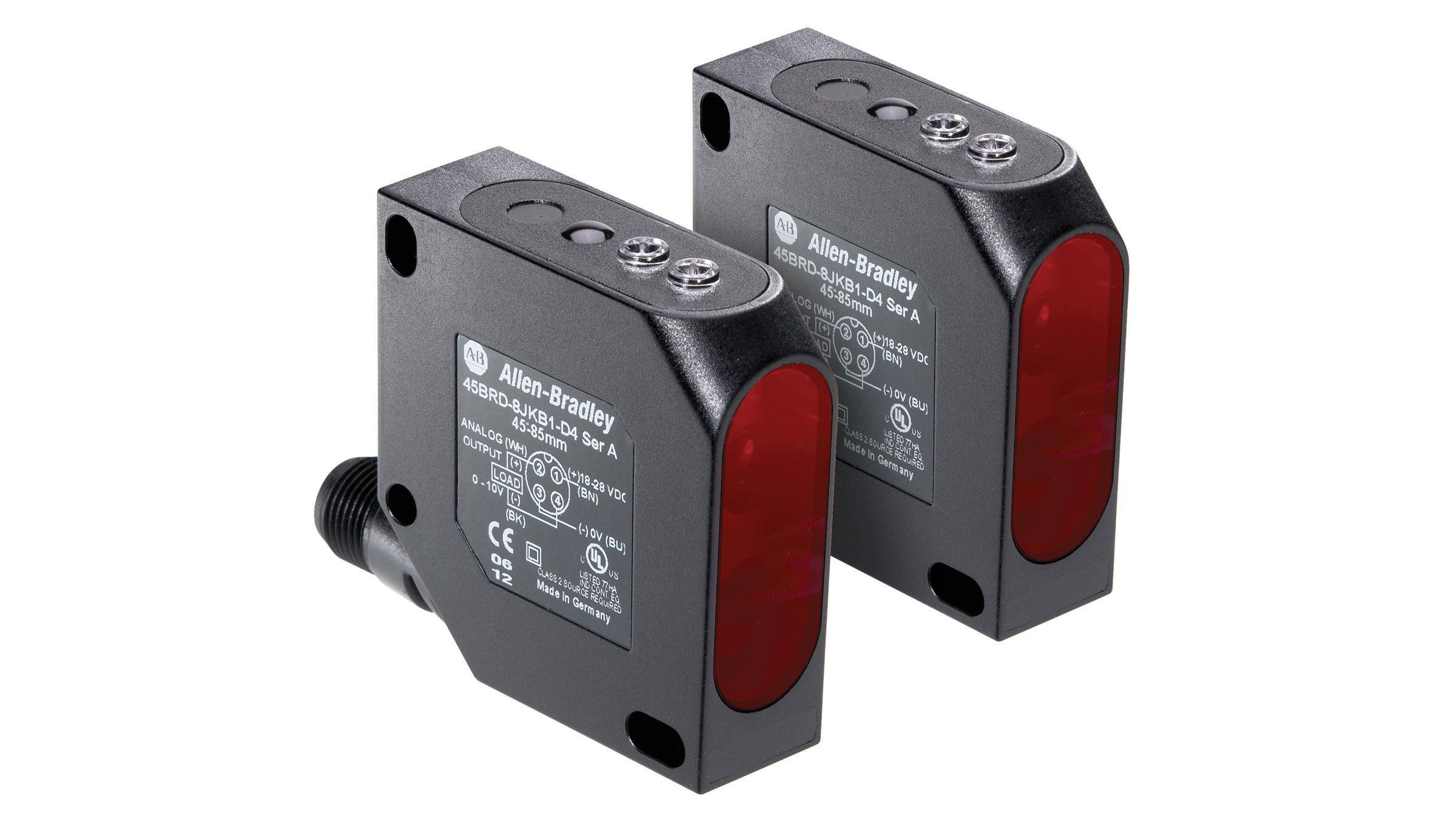 Two black Allen-Bradley rectangular sensors with red lenses.