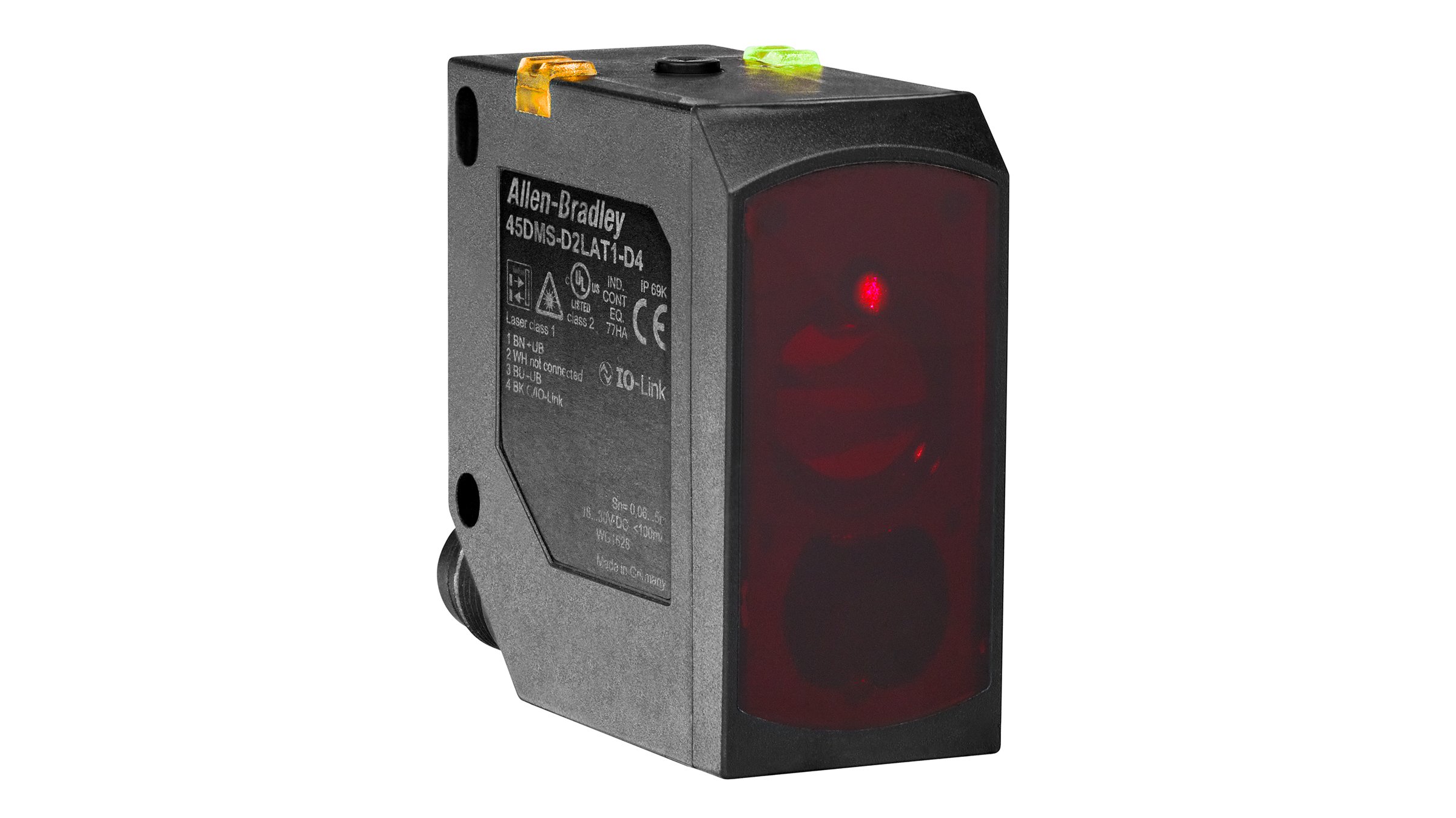 Sensor retangular preto Allen-Bradley com lente vermelha e indicador LED amarelo e verde na parte superior.