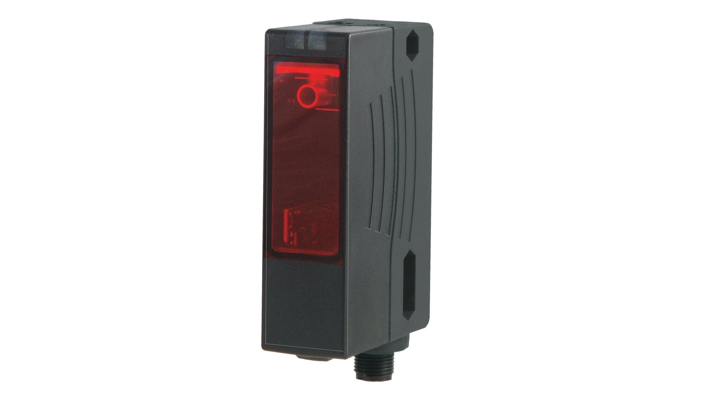 Sensor rectangular negro Allen-Bradley con lente roja.