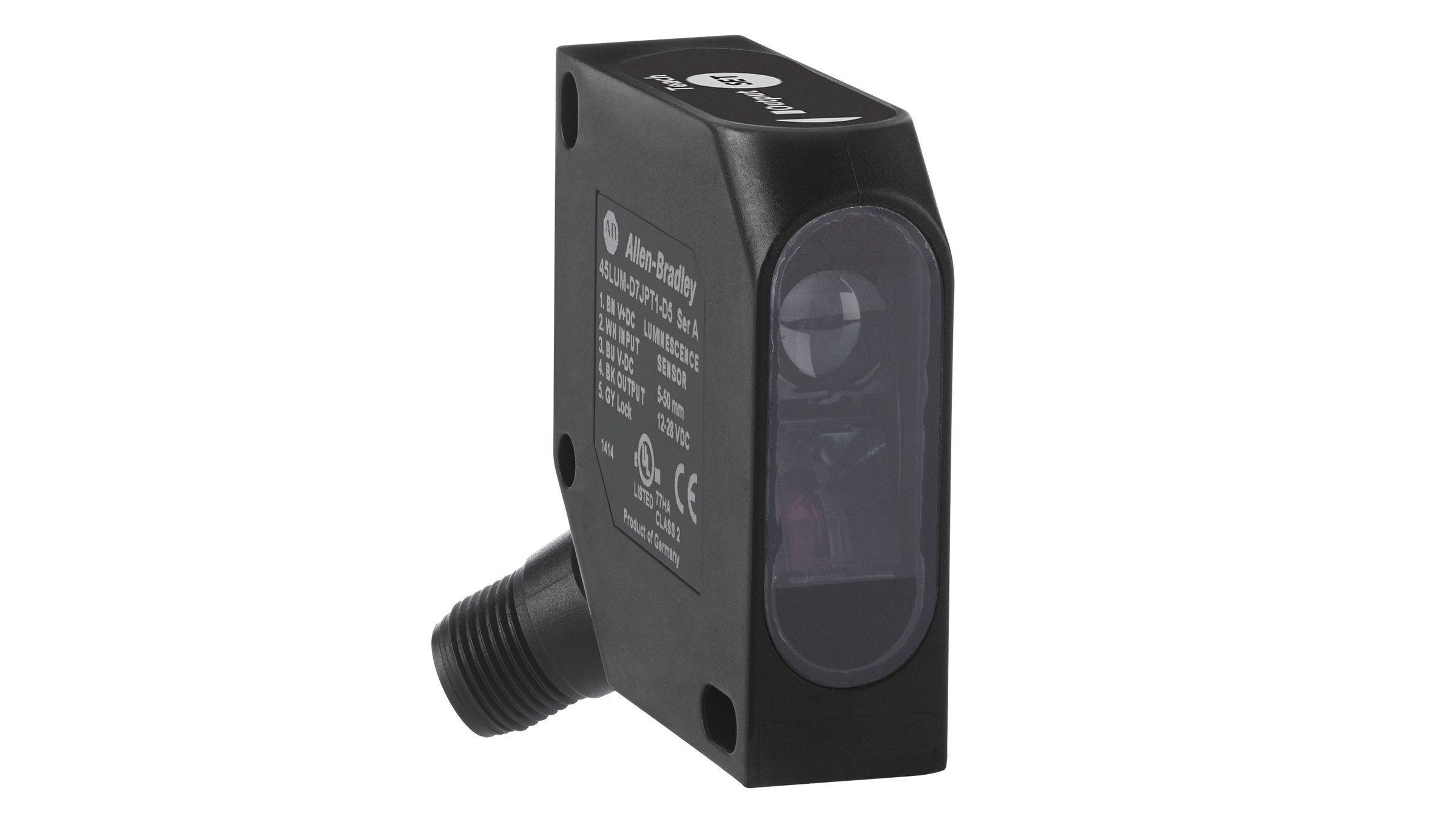 Sensor cuadrado negro Allen-Bradley con lente claro.