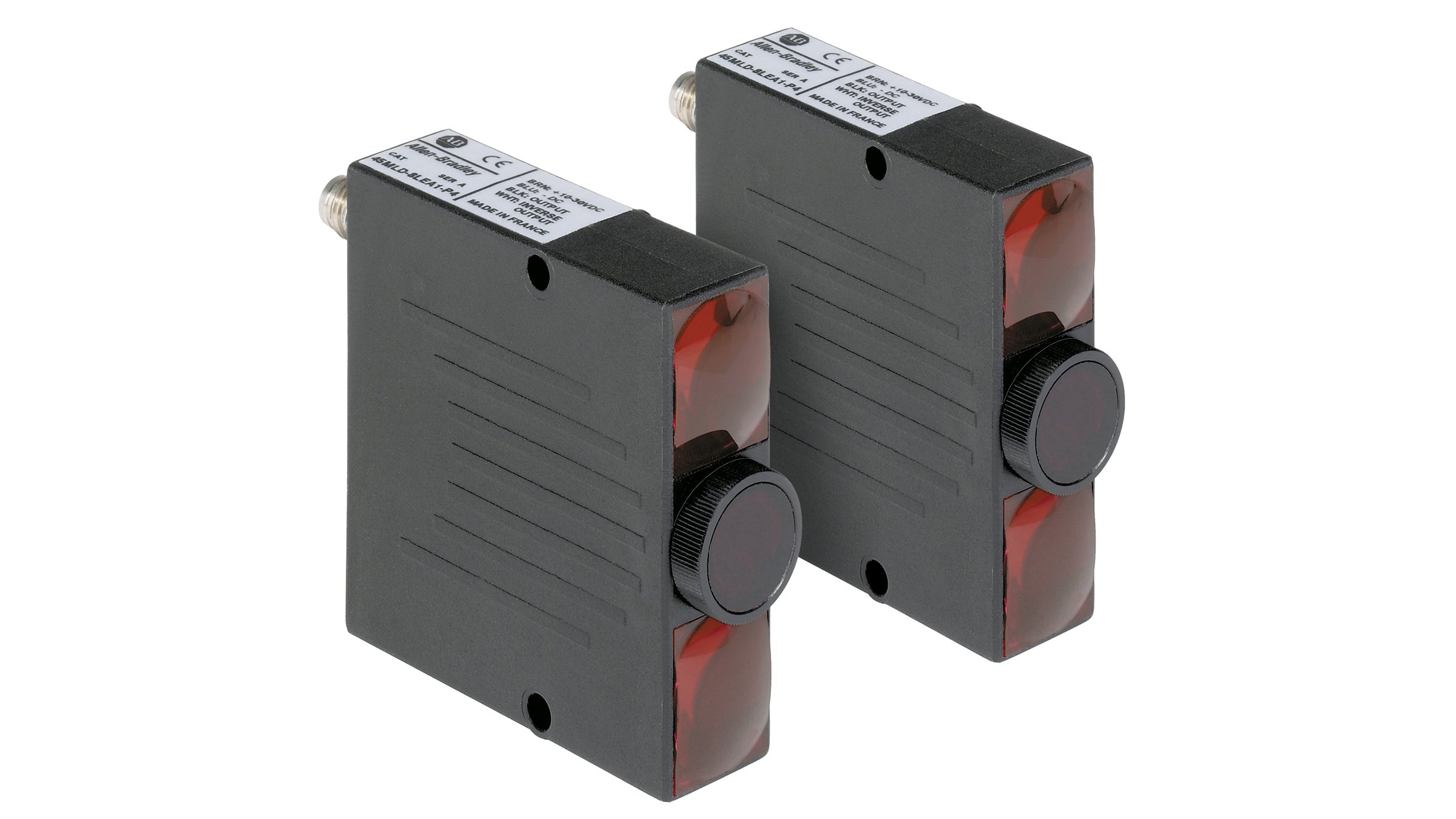 Two black Allen-Bradley square sensors with red lenses and black sensor heads.