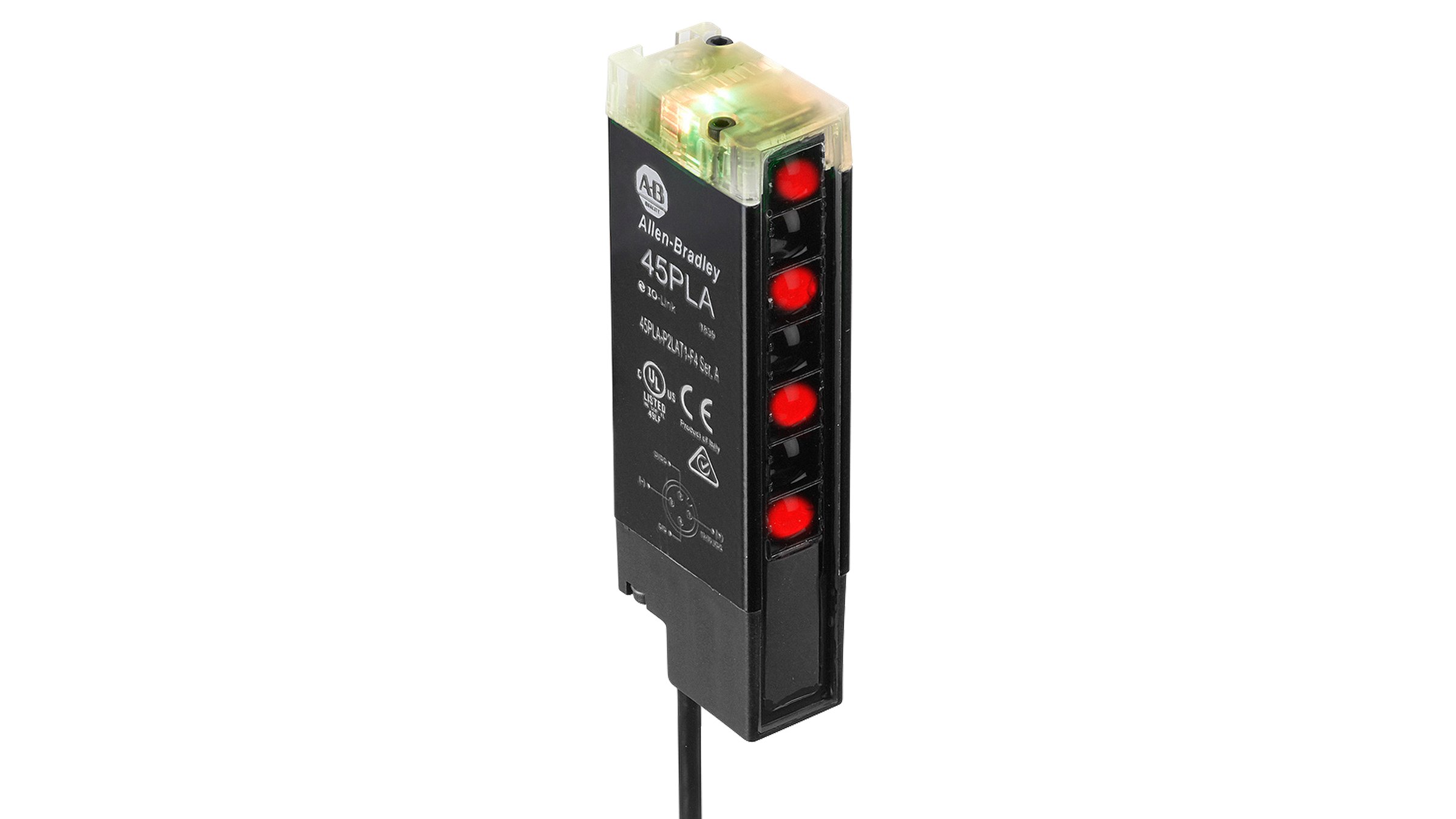 Sensor rectangular negro Allen-Bradley con indicadores LED en la parte superior y un cable en la parte inferior.