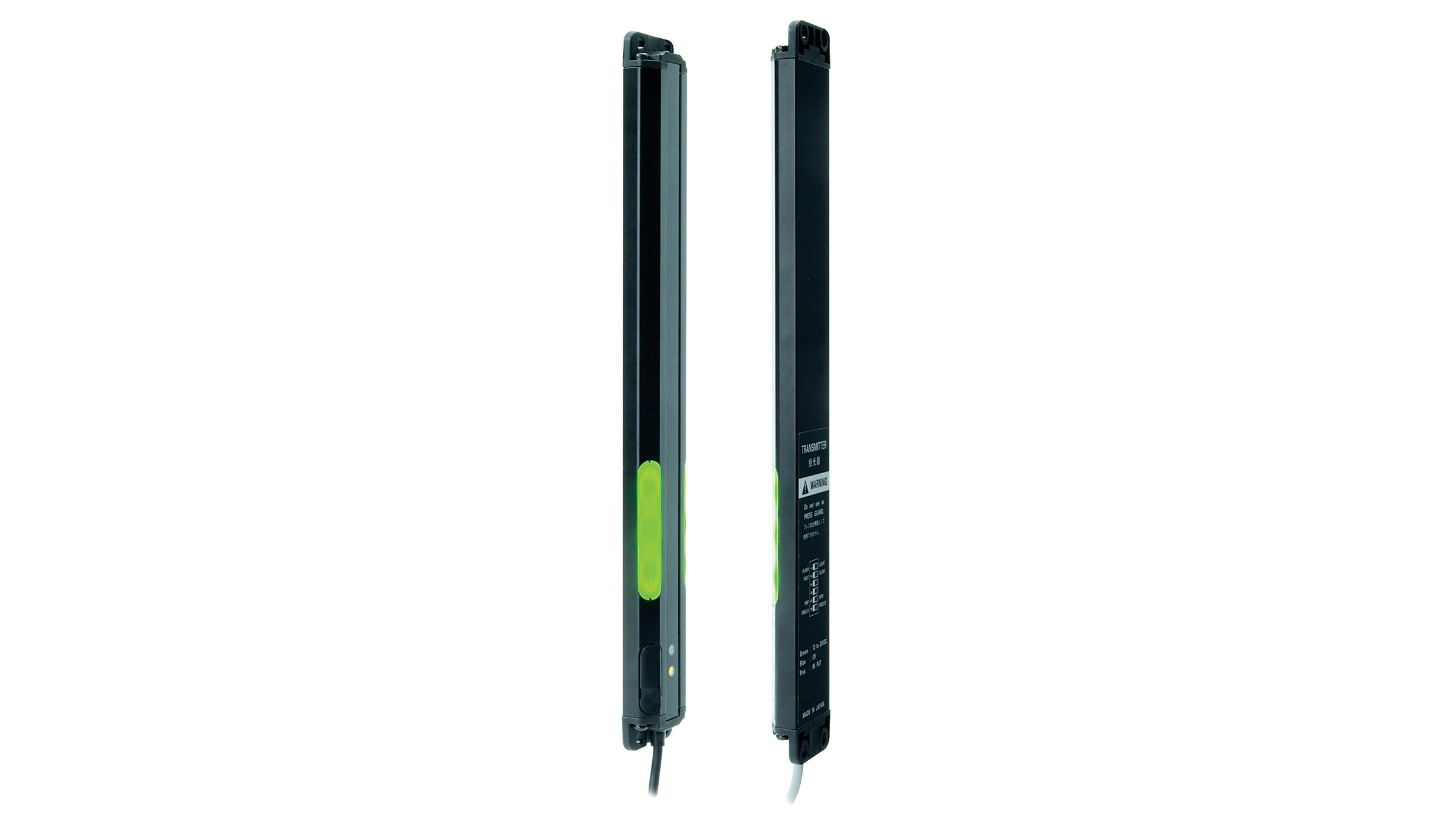 Two Allen-Bradley black, thin rectangular sensors with integrated cables.