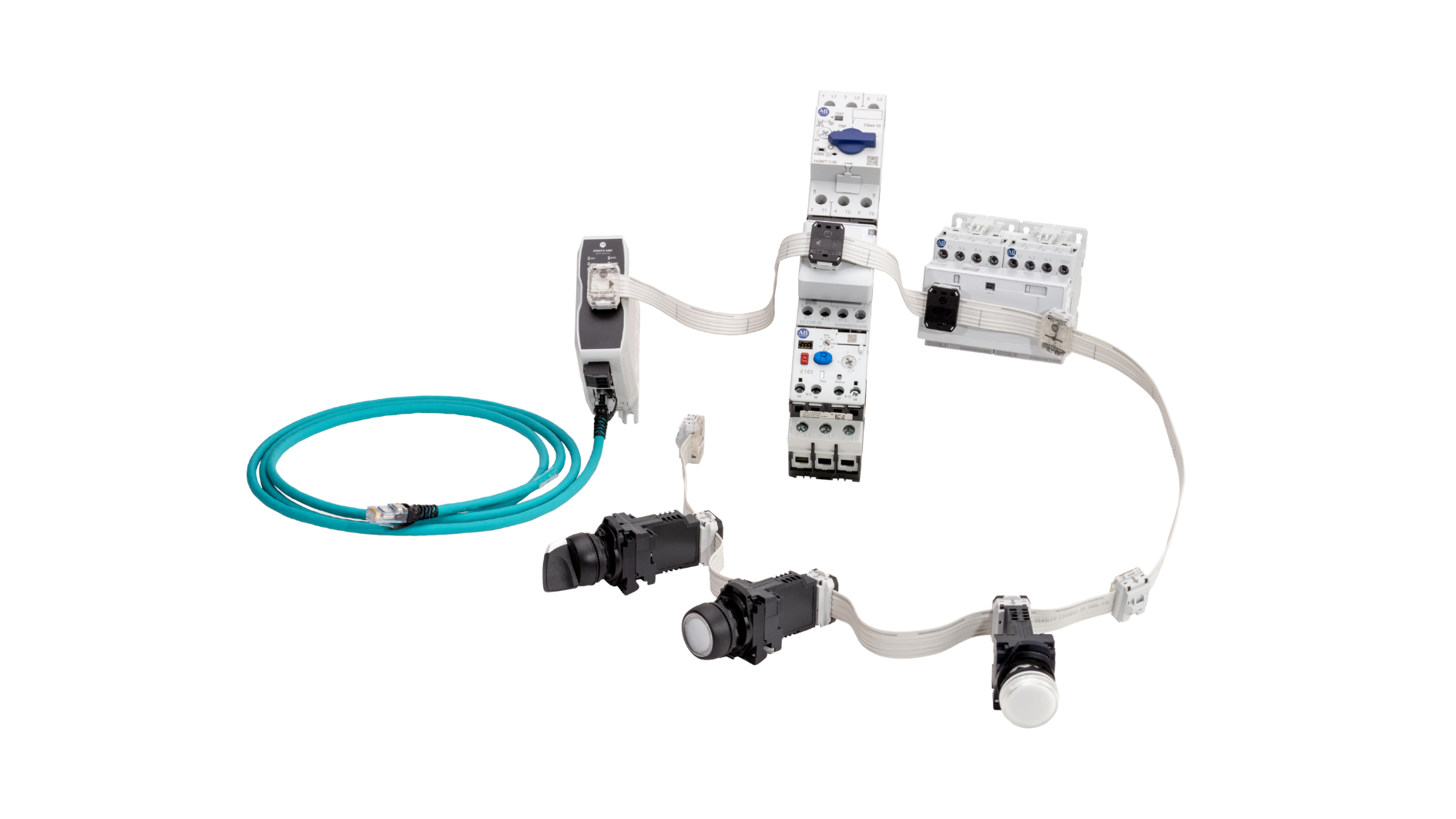 One single-pair EtherNet/IP In-cabinet flat media cable using 1486 Connectors to link a 1834 gateway, E100 Electronic Overload Relay, 100-E Contactor, 140MT Motor Protection Circuit Breaker, and three push buttons. 