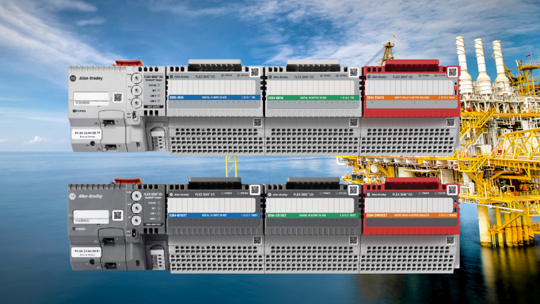 Image of two FLEX 5000 I/O racks, placed one above the other, in the foreground of an ocean-based Oil and Gas platform industry image. The top rack, from left to right, is a combination of a non-XT EtherNet/IP adapter, two non-XT standard digital modules, and one non-XT safety analog module. The bottom rack, from left to right is a combination of XT (for Extreme Environment) EtherNet/IP adapter, two XT standard digital modules, and one XT safety analog module.