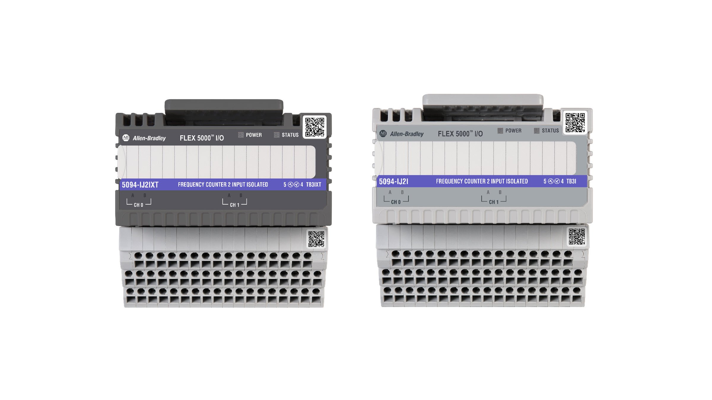 Vue de face de deux modules d’E/S FLEX 5000 Allen-Bradley. De gauche à droite, on peut voir les références 5094-IJ2IXT et 5094-IJ2I