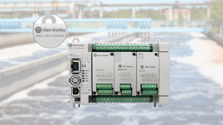 Allen-Bradley Micro870 2080-L70E-24QWBNK controller on water/wastewater application background.