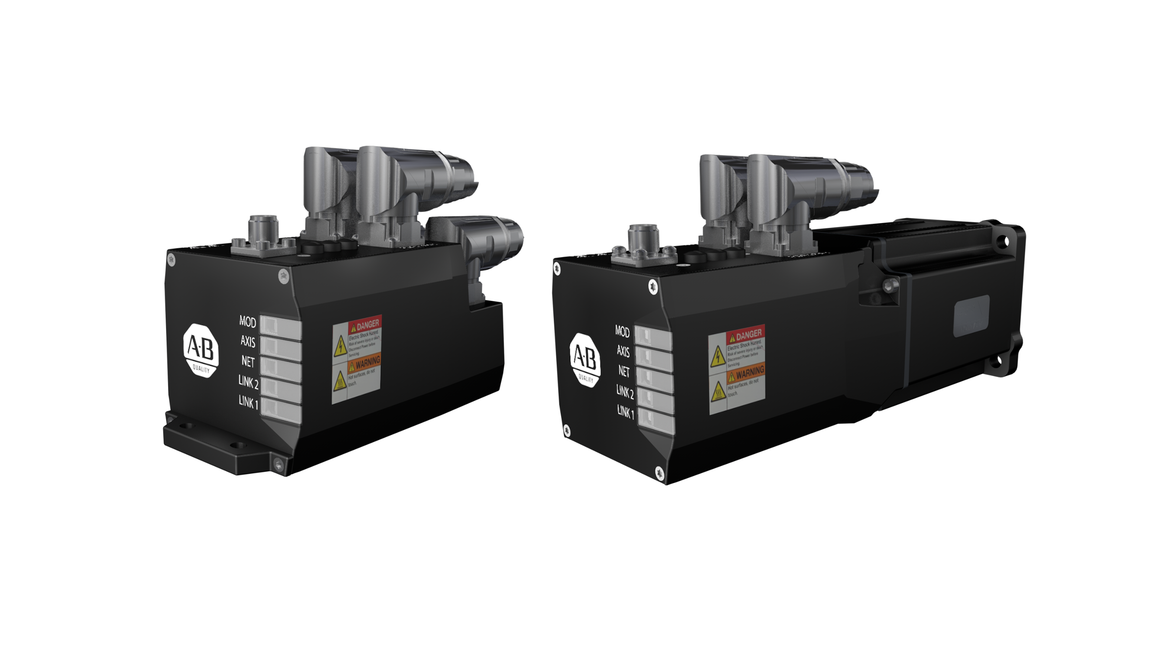 A 45 degree side view of an ArmorKinetix Distributed Servo Drive and an ArmorKinetix Distributed Servo and Motor next to each other on a white background.