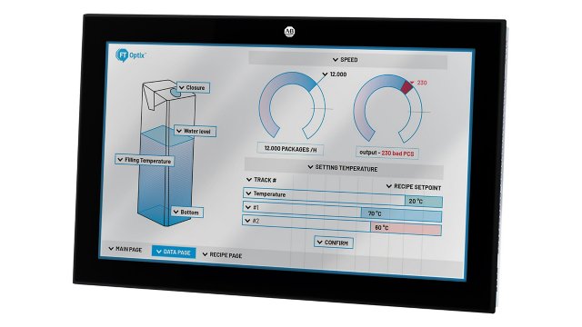 An OptixPanel HMI panel with a touchscreen displaying a 3D model of a partially filled container, with several dials.
