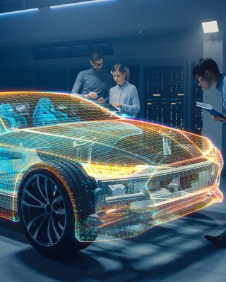 Groupe d'ingénieurs-concepteurs en automobile travaillant en réalité virtuelle sur la modélisation 3D d'un prototype de châssis de voiture électrique
