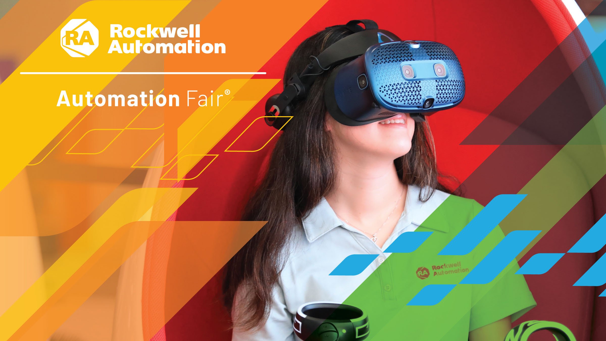 Automation Fair 2022 woman wearing AR technology with RA logo overlay