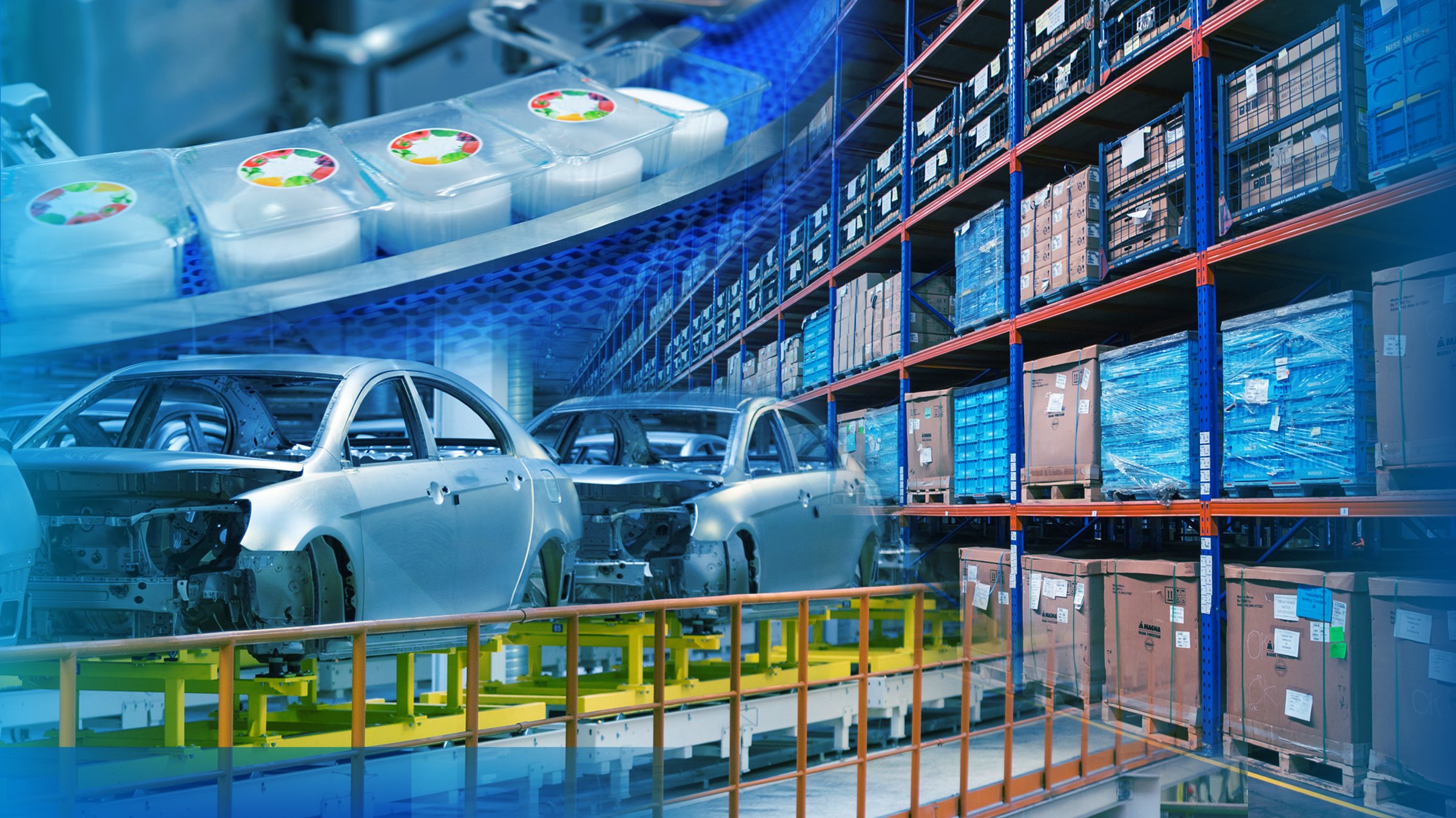 Collage of food packaging, automotive assembly lines and warehouse operations, representing some key industries supported by Allen-Bradley ArmorBlock 5000 I/O. 