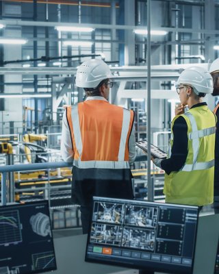 Young Diverse Team of Automotive Engineers Working in Office at Car Factory. Industrial Designer Talks About Electric Engine Parts with Colleagues, Discussing Different Technological Applications.