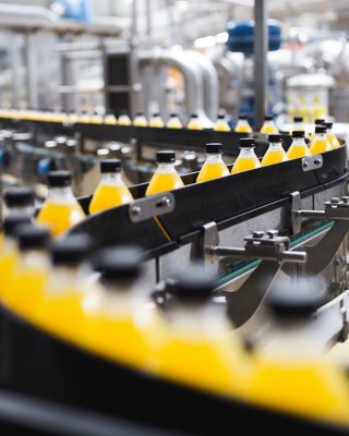 Clear plastic sports drink bottles move down a bottling line after being filled and capped in bottling facility.