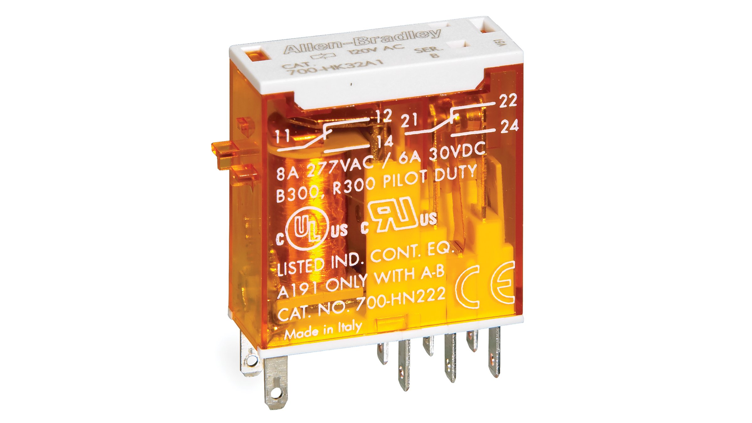 Allen-Bradley Bulletin 700-HK Slim Line General Purpose Relays amber color white top, 8 prongs on bottom