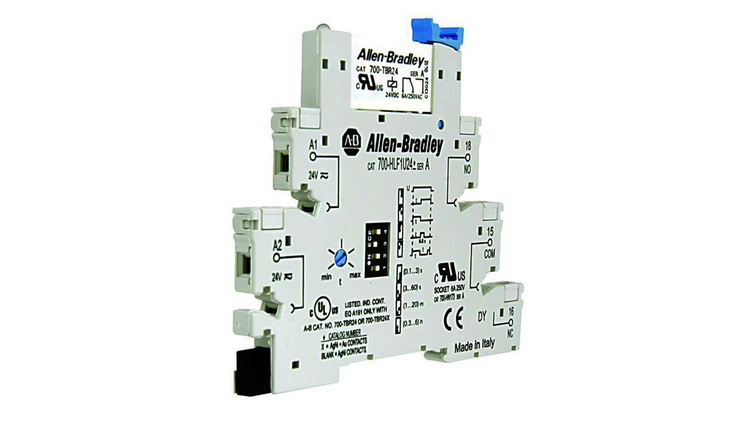 I relè temporizzatori a morsettiera serie 700-HLF Allen-Bradley sono moduli assemblati relè/zoccolo per applicazioni ad alta densità.