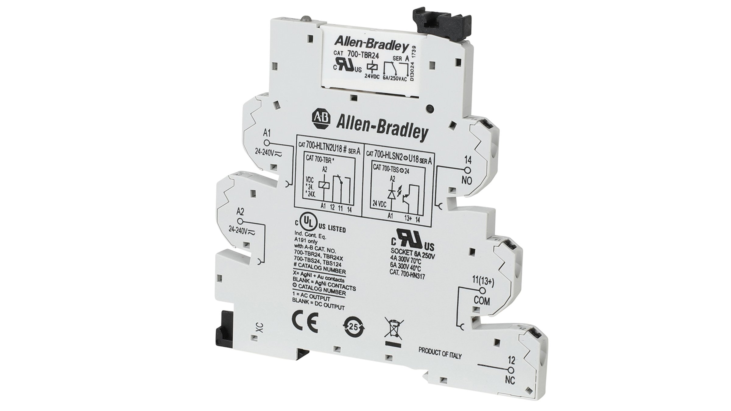 front left angle view of a single, gray 700-HLTN2 terminal block relay with two wire connections on the left side and top of the relay marked with a white panel insert