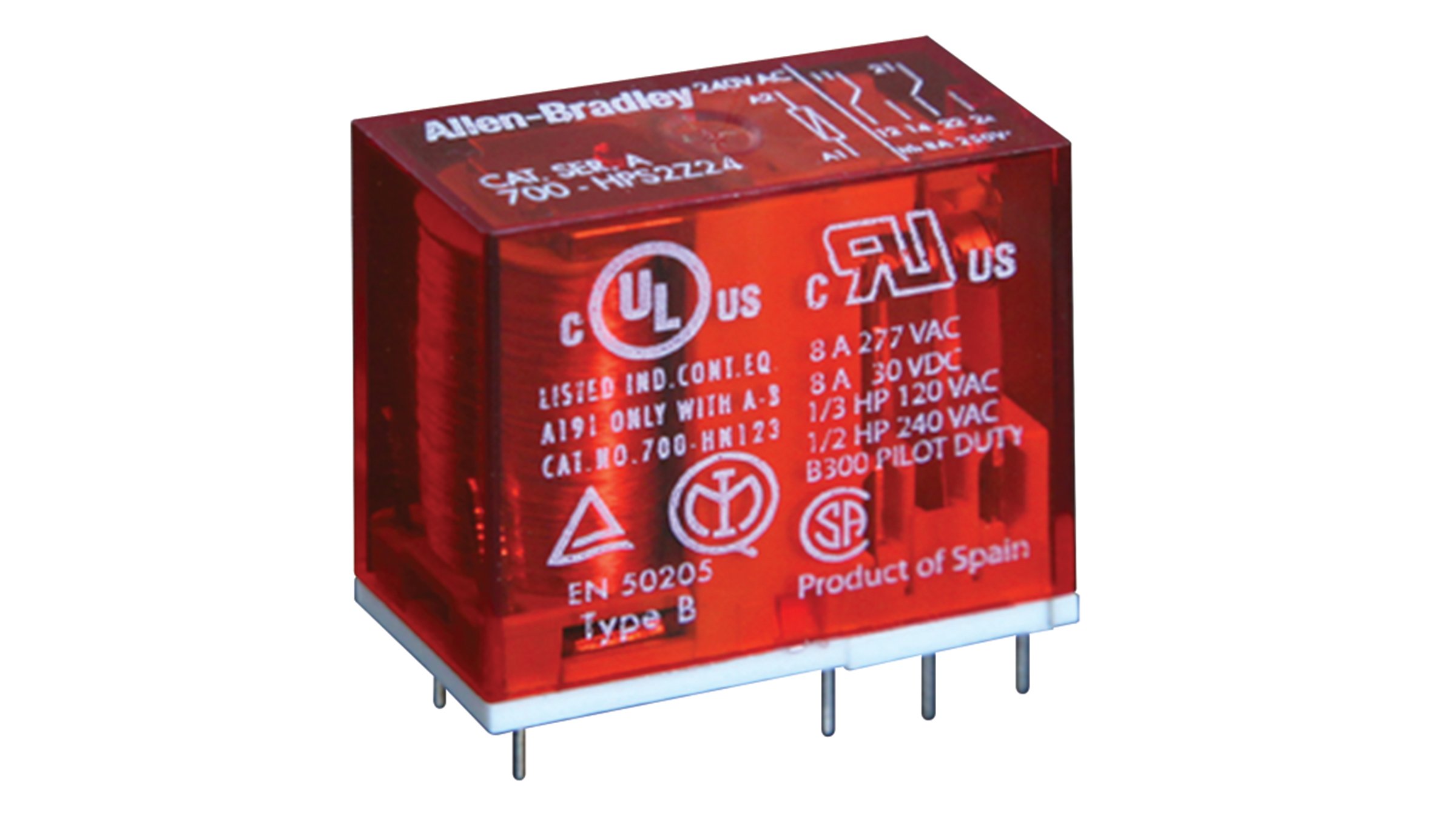 Allen-Bradley Bulletin 700-HPS PCB 핀 스타일 안전 제어 릴레이에는 안전 회로에 요구되는 8 수 커넥터 기계 연결식 접점 및 빨간 커버가 있습니다.