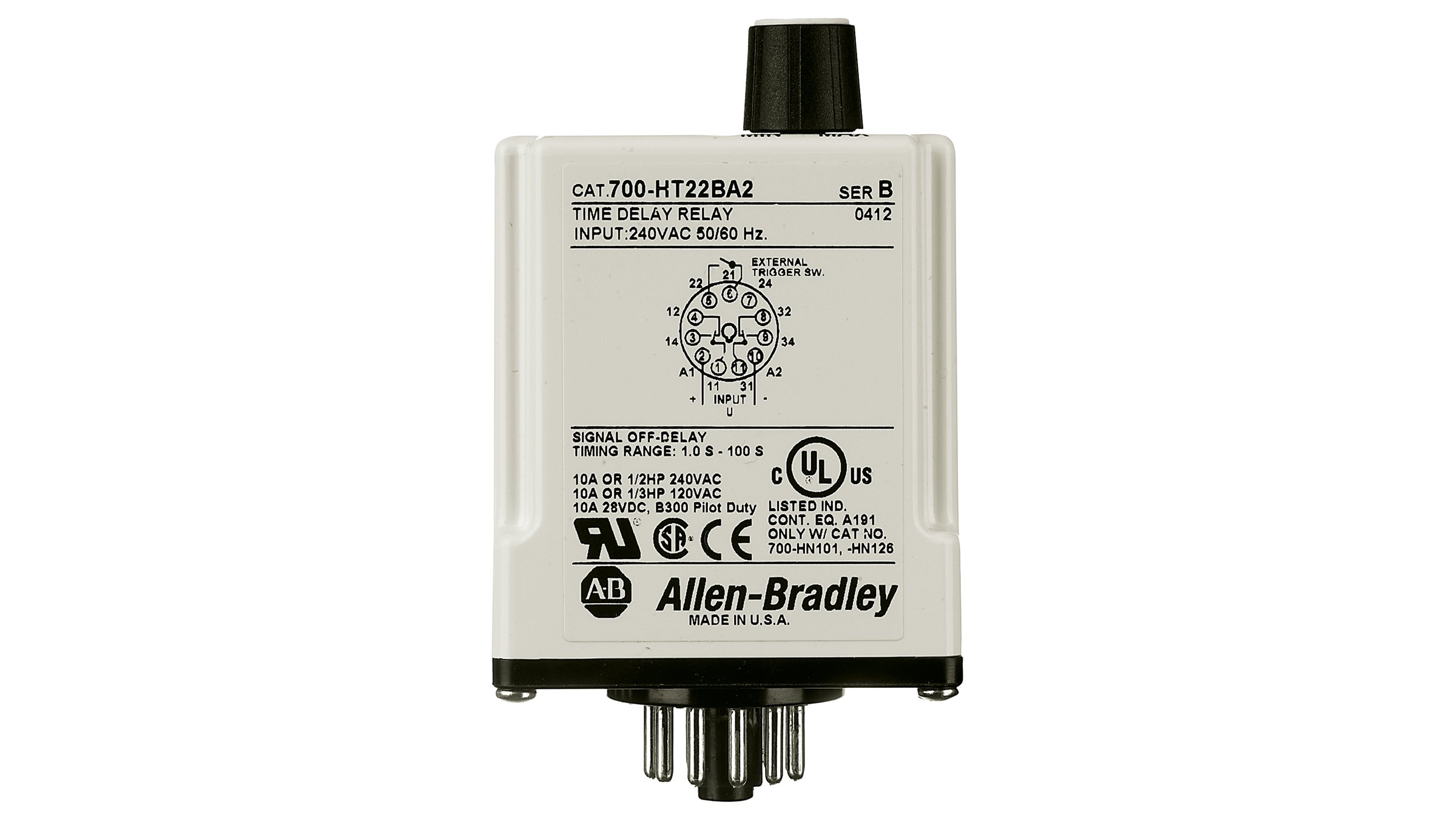 Allen-Bradley Bulletin 700-HT 管座定时继电器，适用于通用应用，并安装在管型底座上。