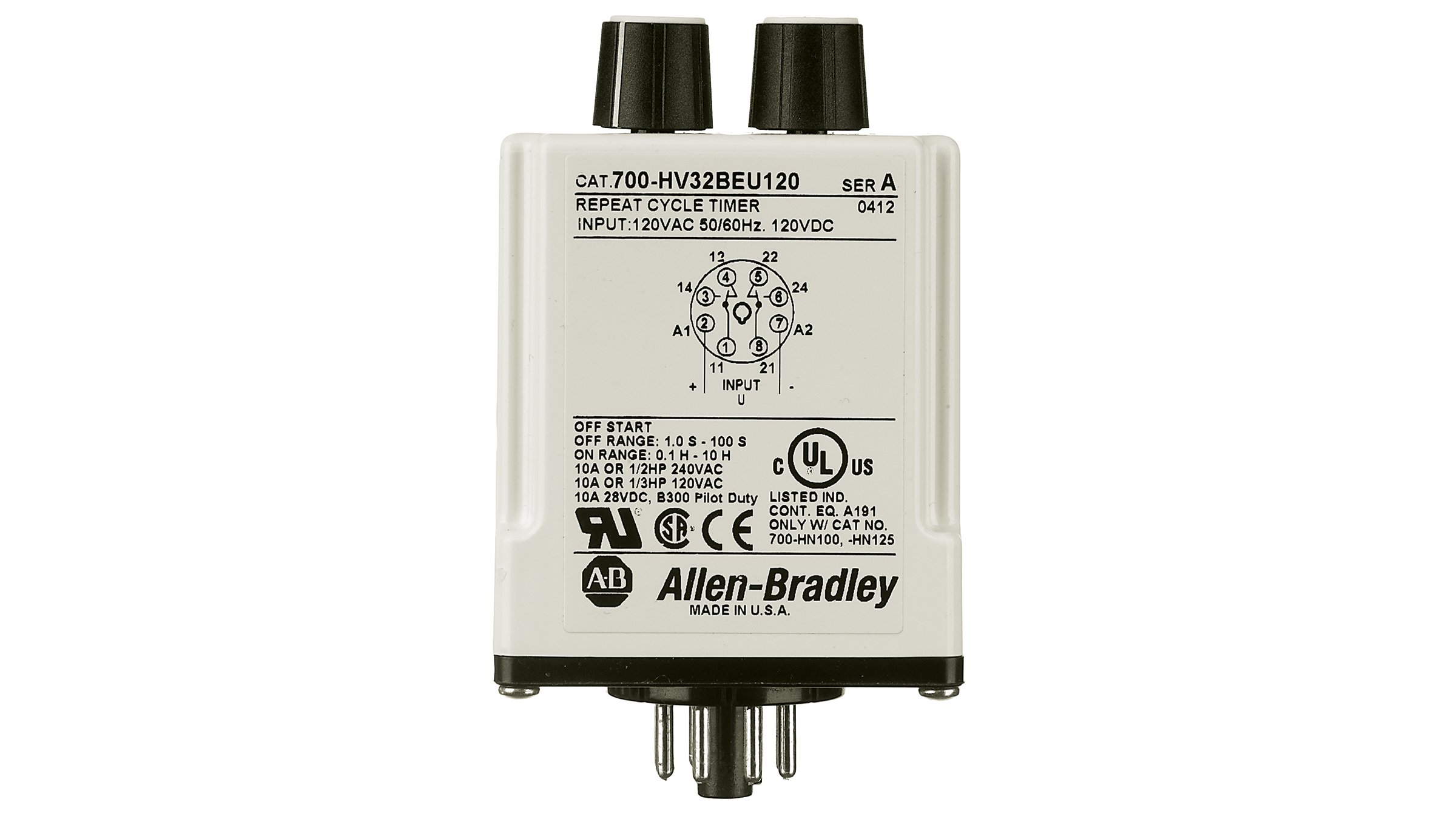 Allen-Bradley Bulletin 700-HV 重复循环定时继电器可在应用信号时提供循环的开/关切换。