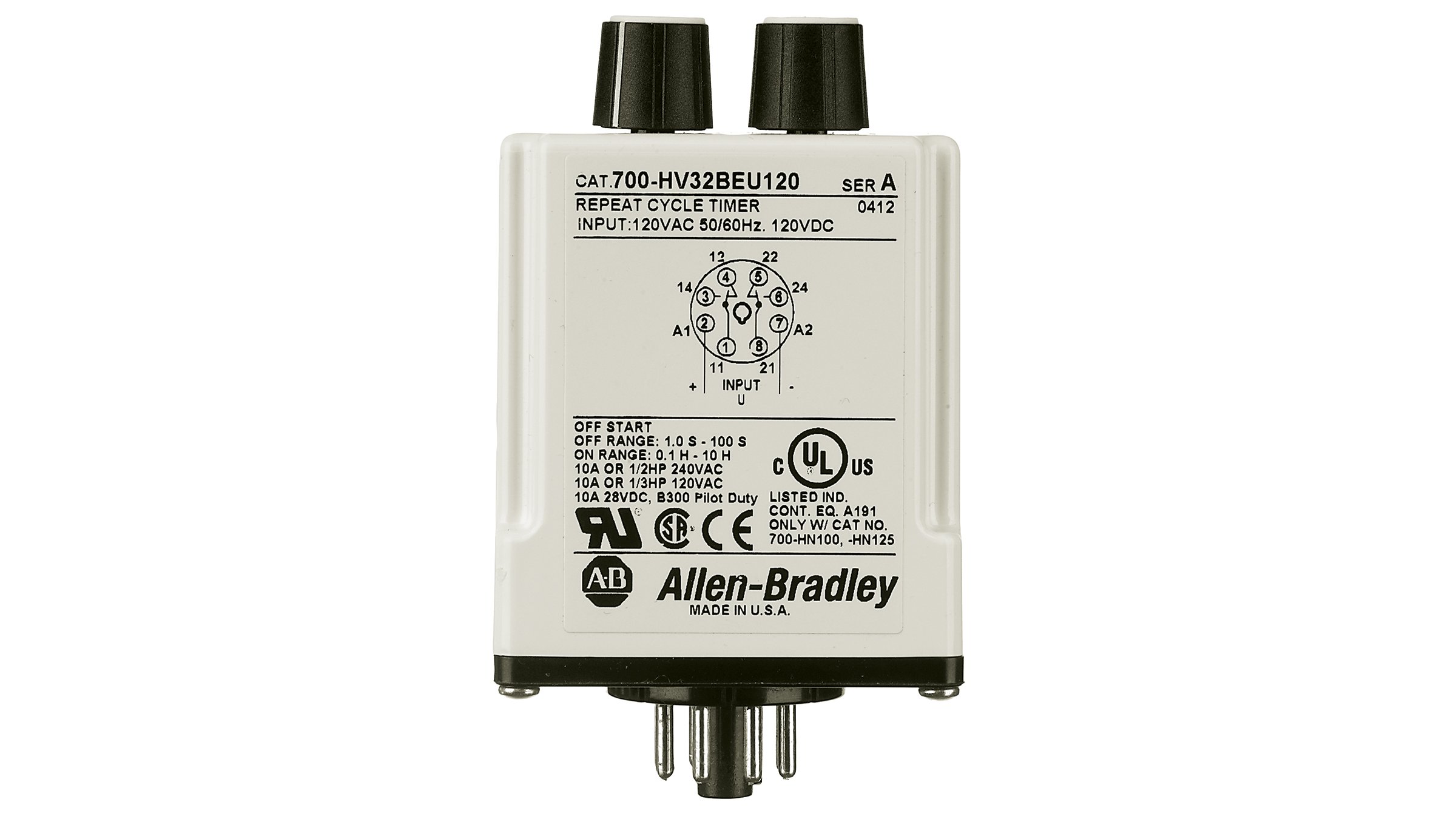 I relè temporizzatori a ciclo ripetuto serie 700-HV Allen-Bradley forniscono la commutazione ciclica on/off quando viene applicato un segnale.