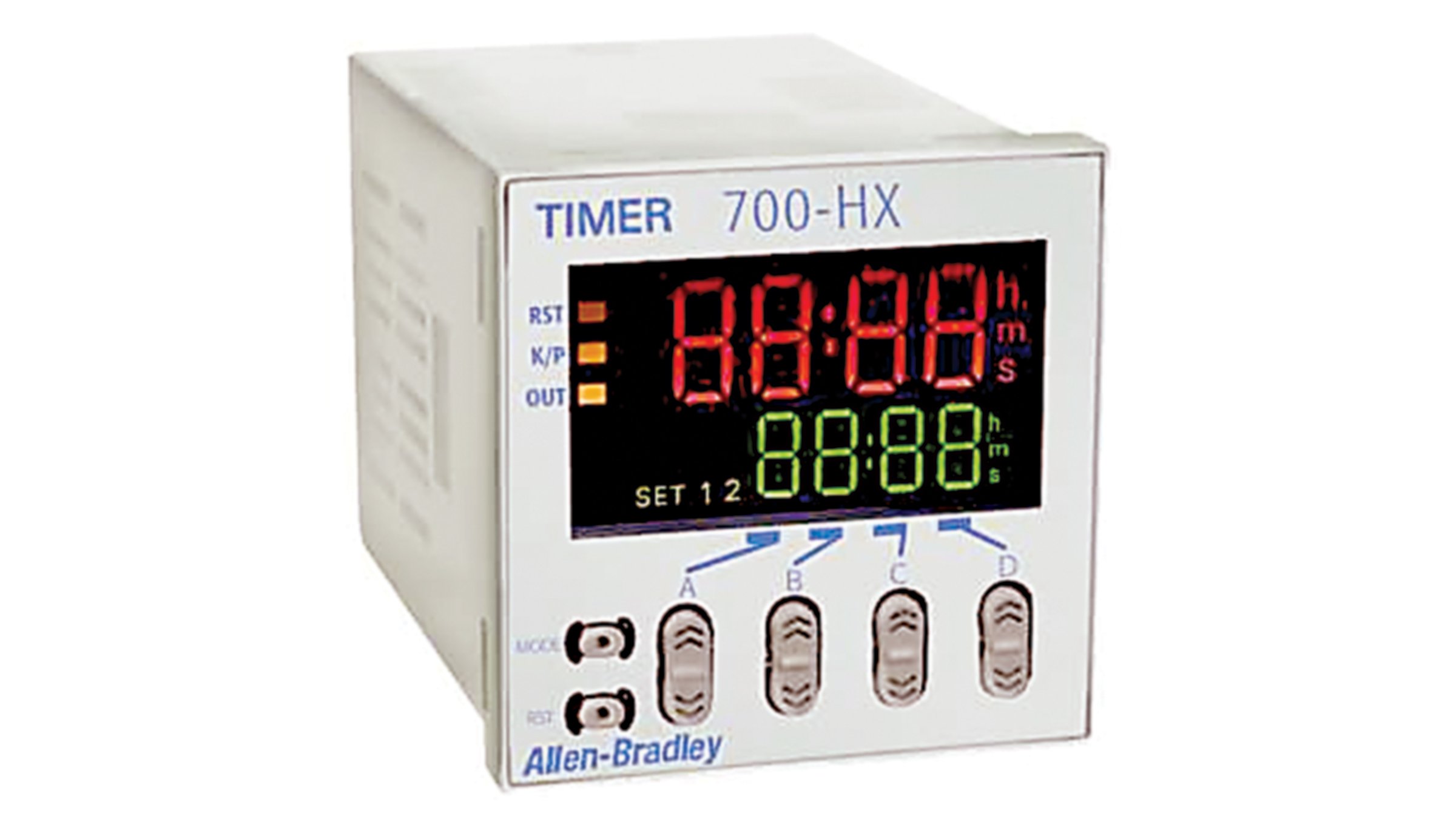 Allen-Bradley Bulletin 700-HX Multifunction Digital Timing Relays use a highly visible negative transmissive status indicator display to increase readability.