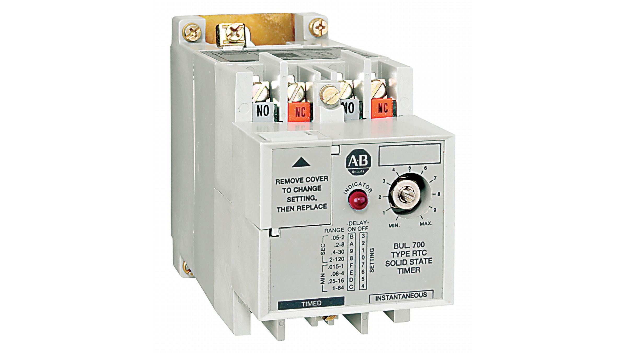 Allen-Bradley Bulletin 700-RTC Solid-state Timing Relays are fixed timing relays designed for applications requiring a specific time delay in which inadvertent timing changes must be avoided.