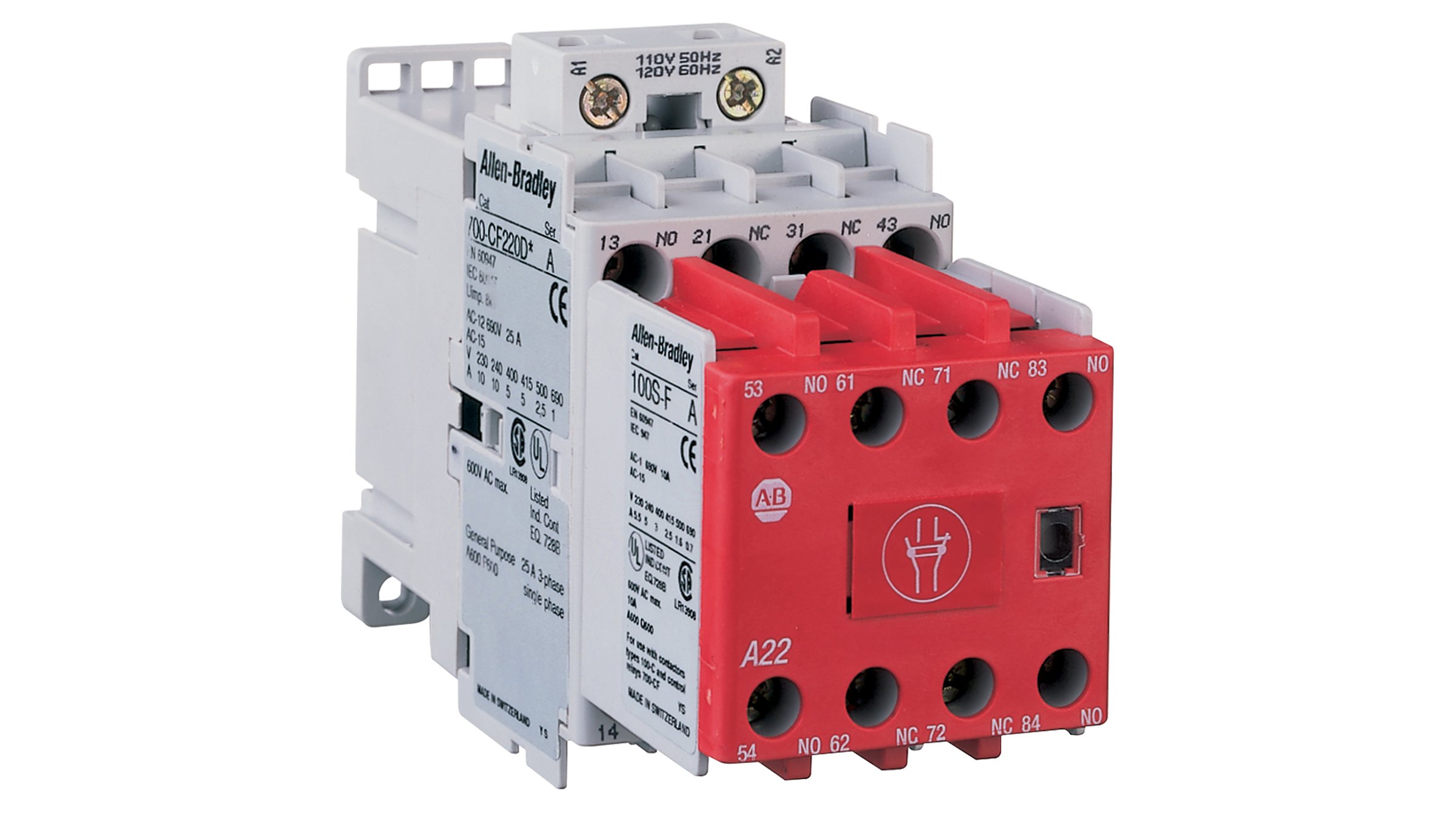 Les relais de commande de sécurité CEI Allen-Bradley, série 700S-CF fournissent des performances de contact mécanique ou miroir requises dans les circuits de réaction pour les applications de sécurité.