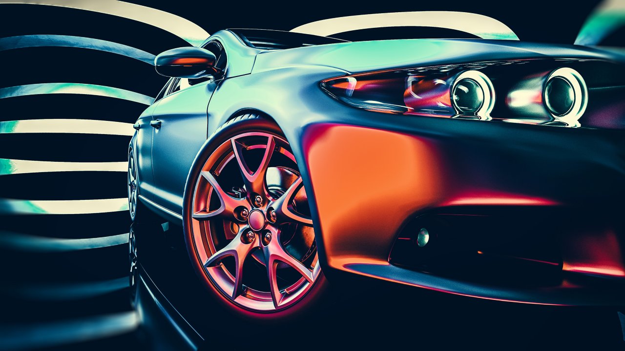Artistic rendering of a car, colorful, view from wheel angle.