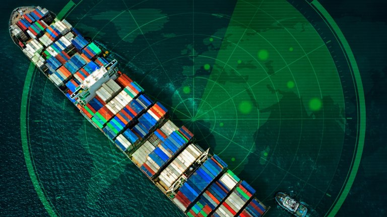 Overhead view of shipping containers on cargo ship