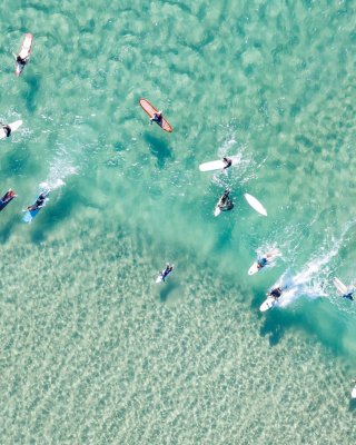 An aerial view of a group of surfers in a long along a wave in clear blue water