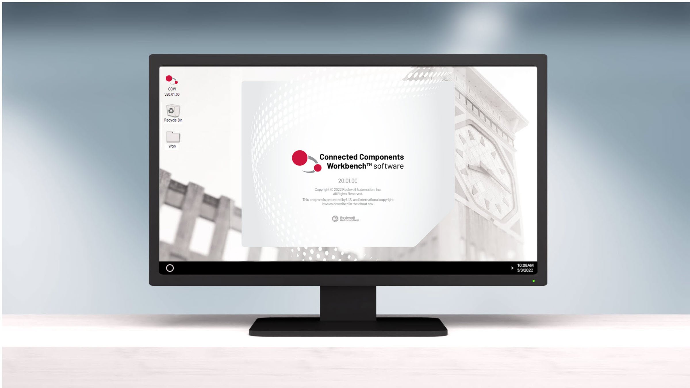 A desktop monitor screen with Connected Components Workbench software version 20 splash screen. 