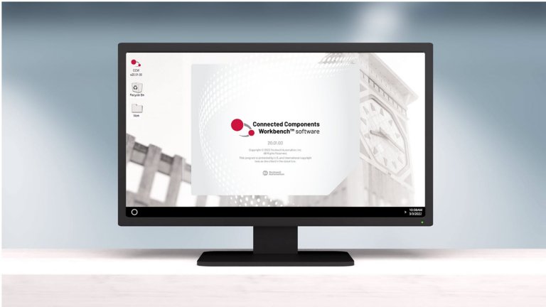 A desktop monitor screen with Connected Components Workbench software version 20.01.00 splash screen