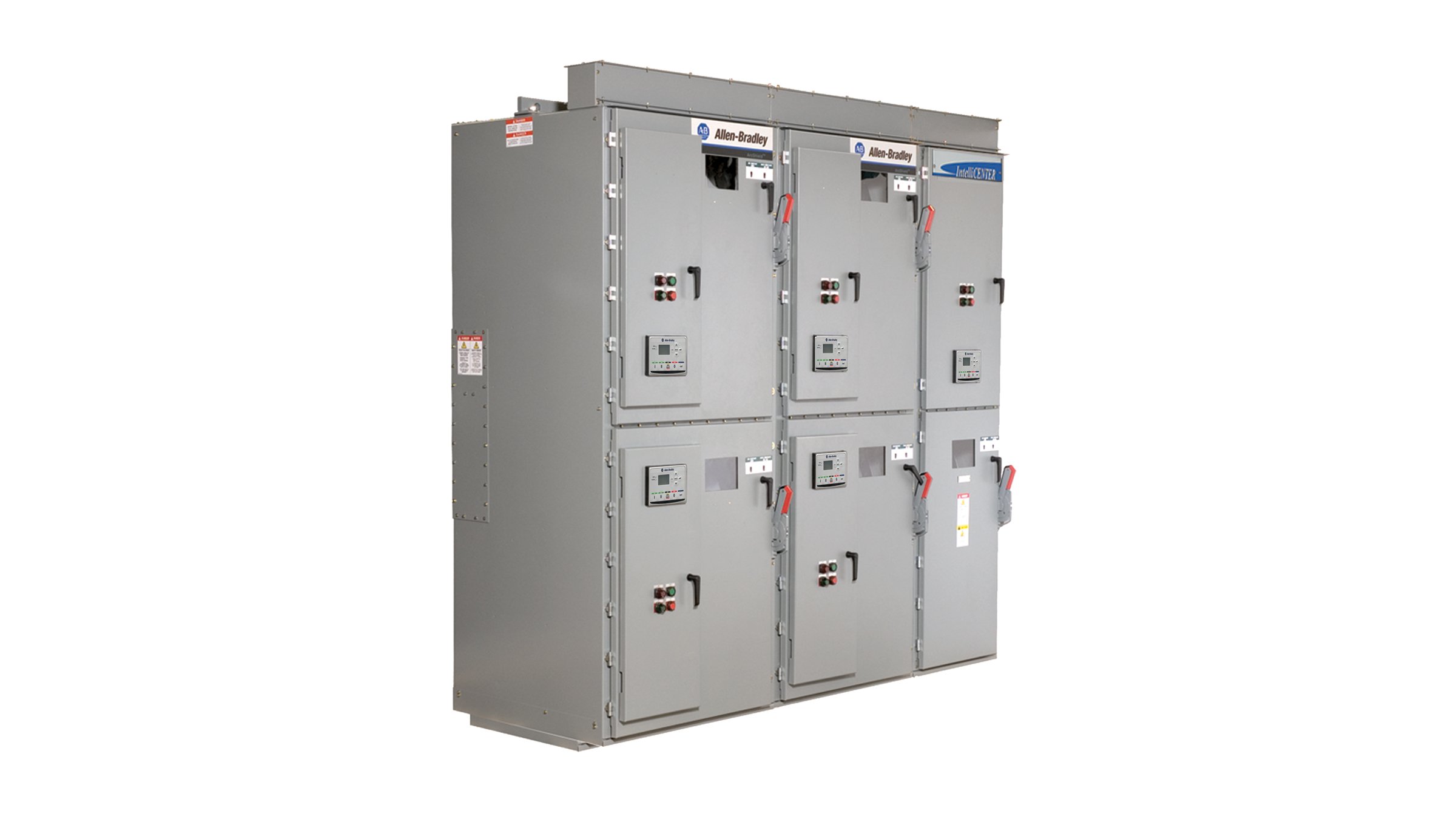 A tall, gray, metal three-section industrial cabinets house a CENTERLINE 1500 motor control center.